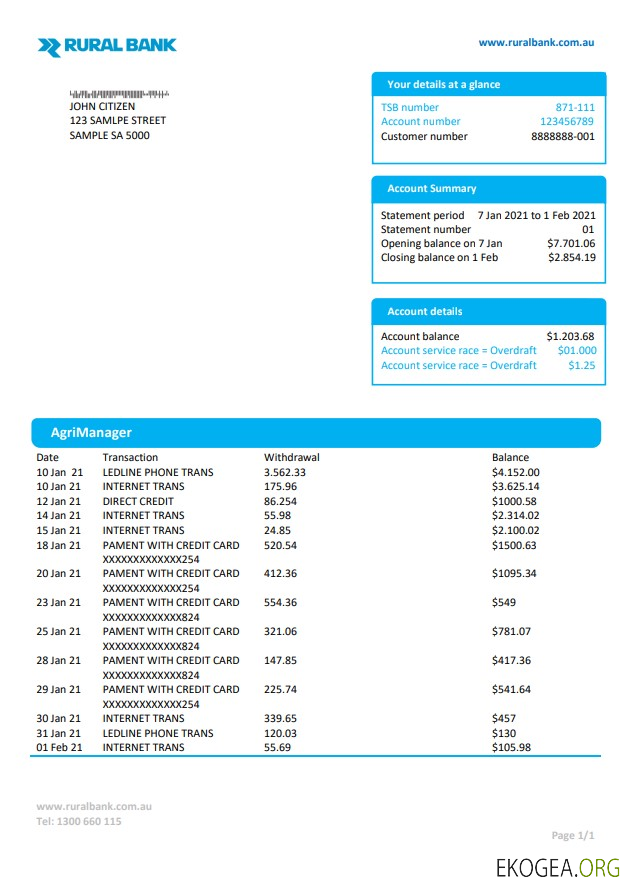 Modèle de relevé de preuve d'adresse d'une banque rurale d'Australie au format Word et PDF